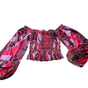 new Hutch Velvet Abstract Floral Smocked Off-Shoulder Peplum Top Pink Medium